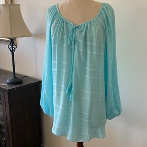 Avenue Light Teal Textured Peasant Top with Tassel Tie